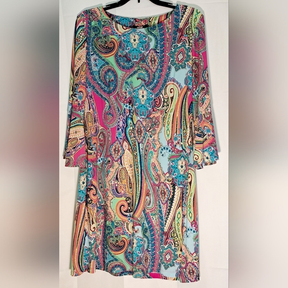 Tommy Hilfiger Multicolor Paisley Sheath Dress Bell Sleeve Above Knee Size 12 - Picture 1 of 6